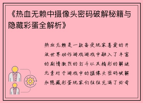 《热血无赖中摄像头密码破解秘籍与隐藏彩蛋全解析》